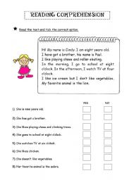 English Worksheet: Reading comprehension: tick YES or NO