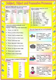 English Worksheet: Subject, Object and Possessive Pronouns (with B/W and answer key) **fully editable