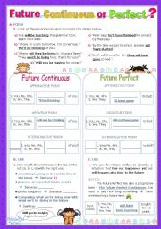 English Worksheet: Future Continuous  or  Future Perfect  (Simple and Progressive)?