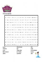 English worksheet: Disney Princess & Frog: Word Find