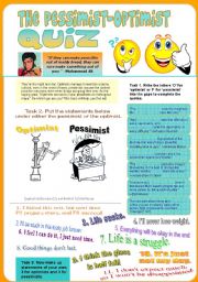 English Worksheet: The Pessimist-Optimist Personality Quiz (4 pages: Quiz, Quotes, Vocab)
