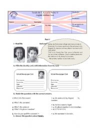 English Worksheet: Test 5th Personal Information, Be, Personal pronouns and possessive adjectives