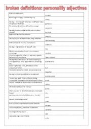 English Worksheet: broken definitions: personality adjectives