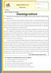 English Worksheet: Immigration Test 11th form