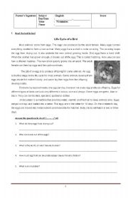 English Worksheet: Reading comprehension, grammar and vocabulary test