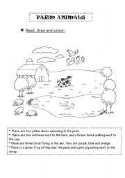 English Worksheet: Farm animals - Read, draw and colour