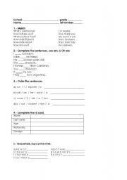 English worksheet: test verb to be, days of the week n personal information
