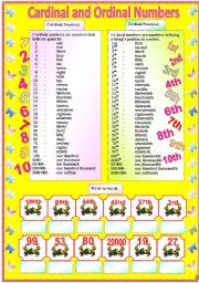 English Worksheet: Cardinal and Ordinal Numbers - 2 pages of activity (with B/W and answer key) ** editable