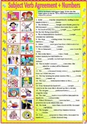 English Worksheet: Subject Verb Agreement with Numbers (with B/W and answer key) **editable