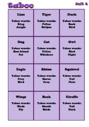 English Worksheet: animals taboo game