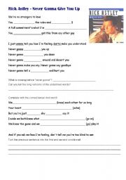 English Worksheet: song - Never gonna give you up