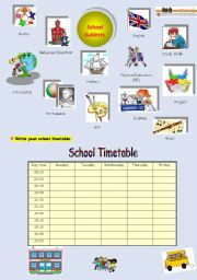English Worksheet: School subjects and timetable