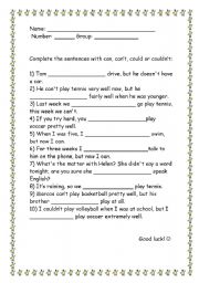 English Worksheet: can/cant/could/couldnt worksheet
