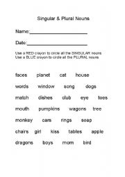 English Worksheet: singular and plural nouns