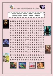 English Worksheet: Word Search - kinds of movies