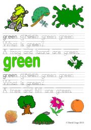 English Worksheet: What is green/blue?: 4 worksheets in color and B & W