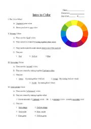 English Worksheet: Introduction to Color Theory - with answers