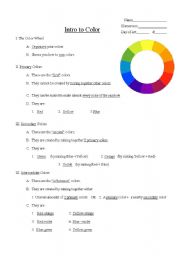 English worksheet: Introduction to Color Theory - with answers