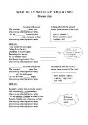 English Worksheet: Green Day - wake me up when September ends