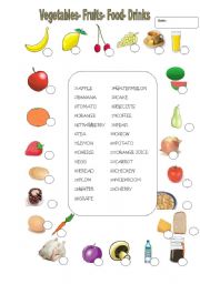English Worksheet: vegetables,fruit,food,drinks