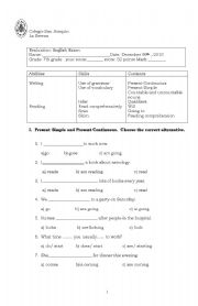 English Worksheet: Exam Presen Simple Present Continuous Contable and uncountable will going to 