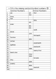 English Worksheet: Cardinal and ordinal numbers 