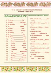 English Worksheet: Present Simple of the verb TO BE (short negative form). Possessive Adjectives.