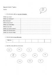 English worksheet: Diagnostic test for 7th graders-part A