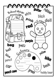 English Worksheet: School things, toys and colours