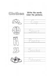 English Worksheet: All dressed up, and off you go!  Clothes - Writing and Coloring