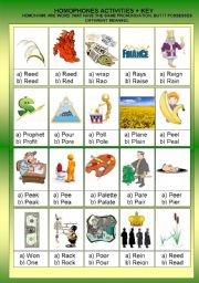 English Worksheet: HOMOPHONOUS  - ACTIVITIES  +  KEY  ANSWER - FULLY EDITABLE