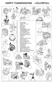 English Worksheet: HAPPY THANKSGIVING - COLORFULL  + KEY