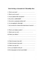 English worksheet: Interviewing a classmate in an ESL citizenship class