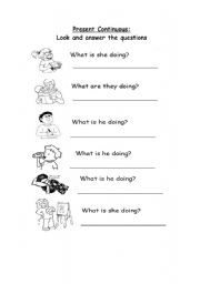 English Worksheet: Present Continuous: What are they doing? Look and answer the questions