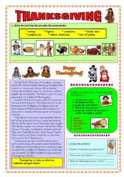 English Worksheet: Thanksgiving - reading (fully editable & key) 