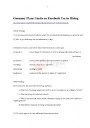 English Worksheet: Working with News online: Germany Plans Limits on Facebook Use in Hiring