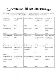 English Worksheet: Conversation Bingo: Ice Breaker : Editable 