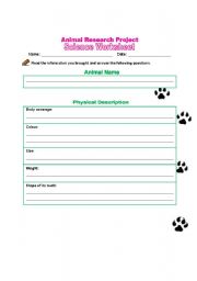 English Worksheet: Animal Research Project Worksheet
