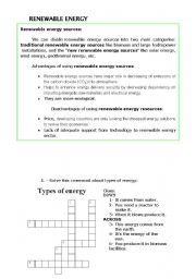 RENEWABLE ENERGY CROSSWORD AND READING