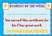 English Worksheet: STUDENT OF THE WEEK CERTIFICATE