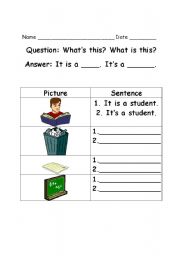 English worksheet: What is this? Whats this? It is a , Its a worksheet