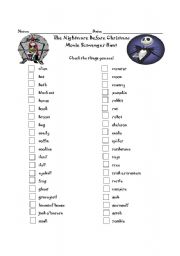 English worksheet: Nightmare Before Christmas Word Scavenger Hunt