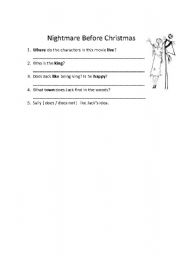 English worksheet: Nightmare Before Christmas Worksheet, Pt 1