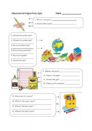 English Worksheet: where are the classroom objects?