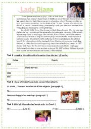 English Worksheet: Lady Diana :reading about diana with comprehension questions ,language and writing about civility