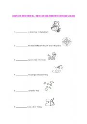 English Worksheet: THERE IS - THERE ARE. PAINT WITH THE RIGHT COLOUR .