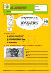English Worksheet: FIRST GRADE FINAL EXAM!!Reading comprehension+T or F activities+Prepositions+Descriptions+ Have got & Much More!