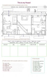 English Worksheet: Look at my house (Vocabulary of: rooms, furniture, animals and colours)