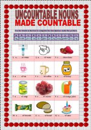 English Worksheet: UNCOUNTABLE NOUNS MADE COUNTABLE