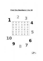 English Worksheet: Wordsearch for Numbers One to Ten